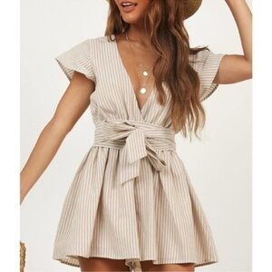 Showpo. Top It Off Pluge Tie Front V-Neck Striped Romper Size 2